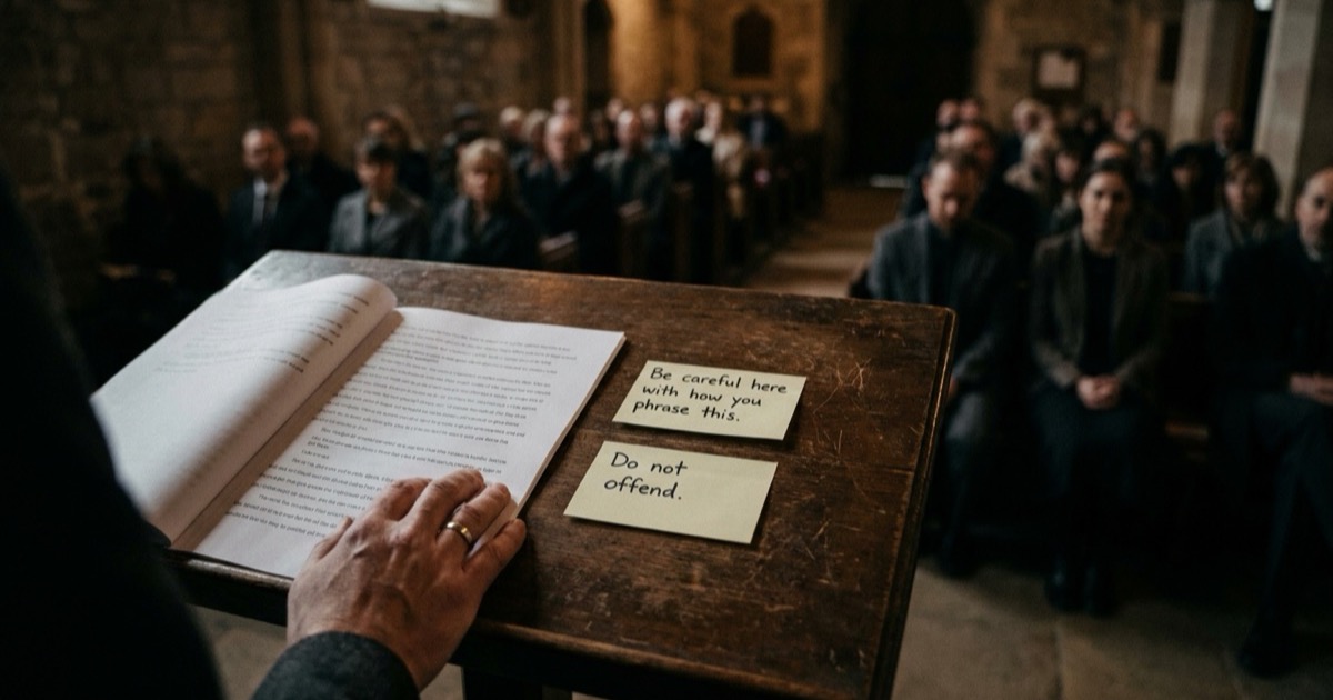 A preacher's view down at his open sermon notes on a wooden lectern, where two yellow sticky notes in his own handwriting read Be careful here with how you phrase this and Do not offend, with a full congregation seated in front of him.