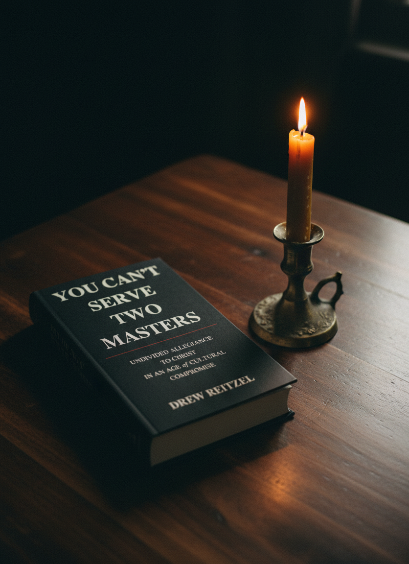 You Can't Serve Two Masters by Drew Reitzel lying on a wooden table beside a lit candle in a brass holder