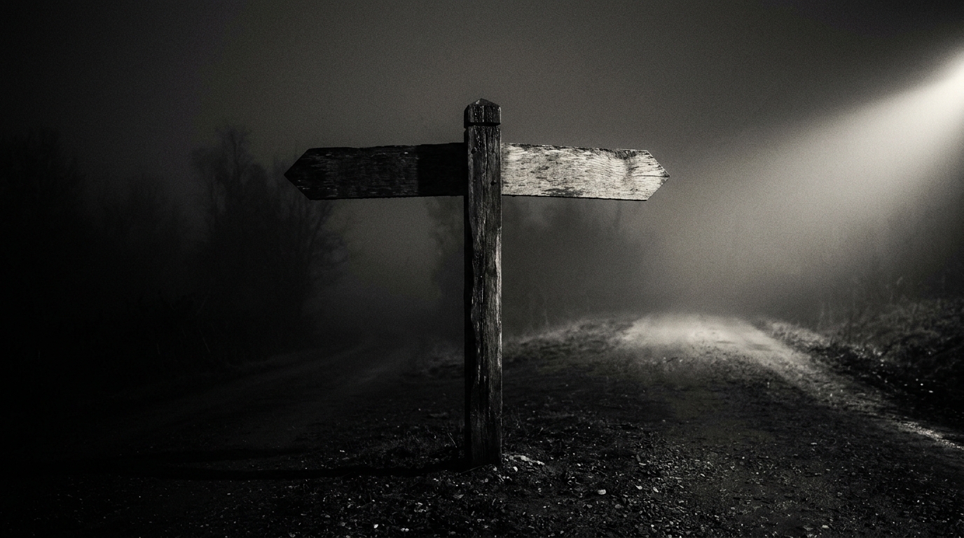 Crossroads sign in darkness, one direction lit by harsh light, the other in deep shadow