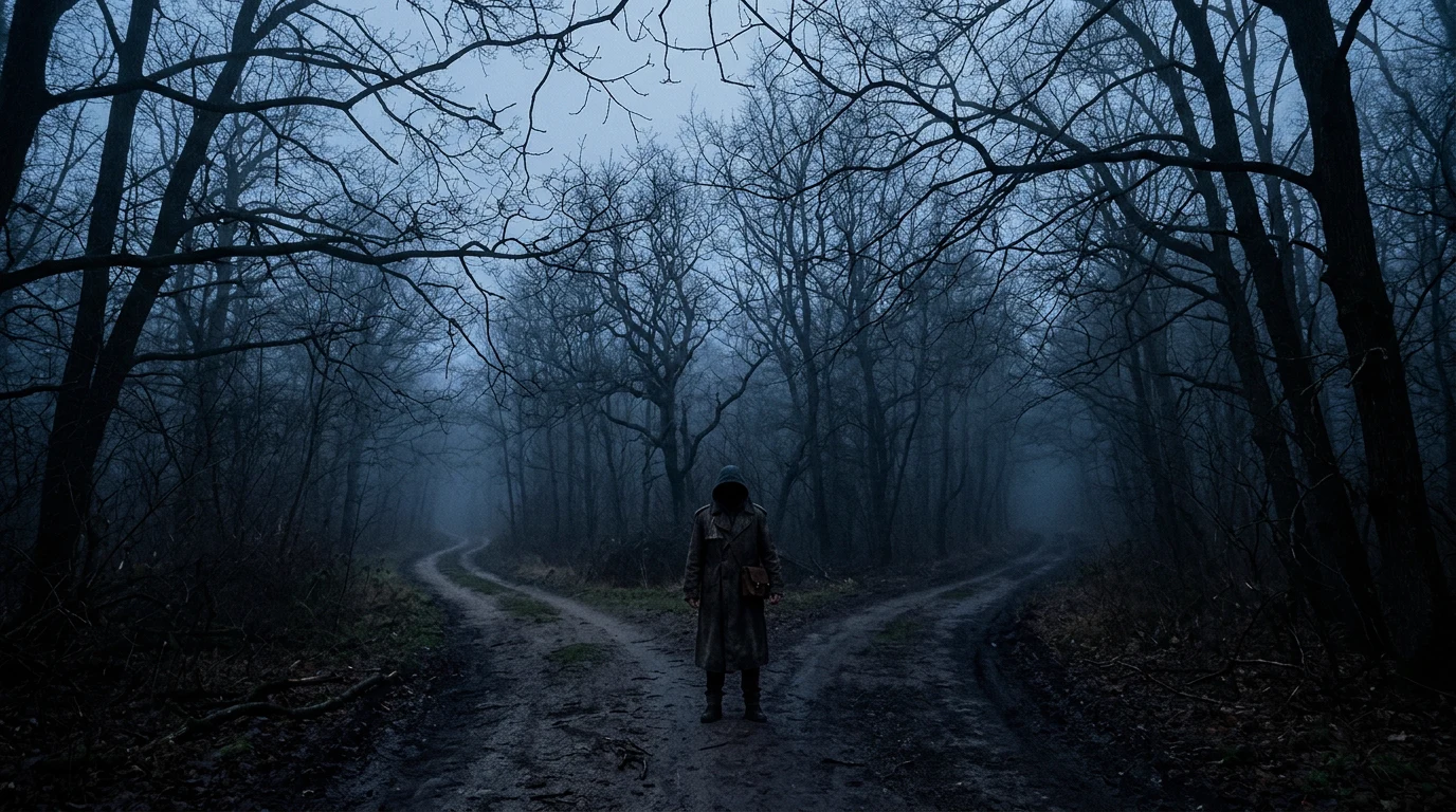 A person standing at a misty crossroads, representing divided allegiance in James 1:8