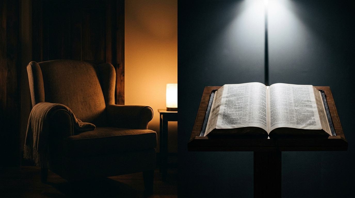Split composition showing warm comfortable light on one side and stark harsh light with an open Bible on the other