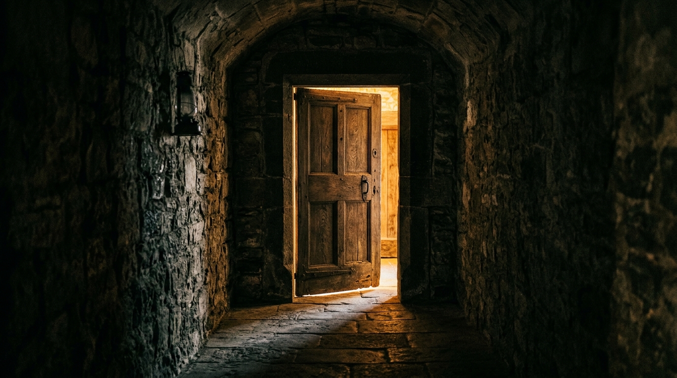 Narrow wooden door slightly ajar, warm light spilling into a dark stone corridor
