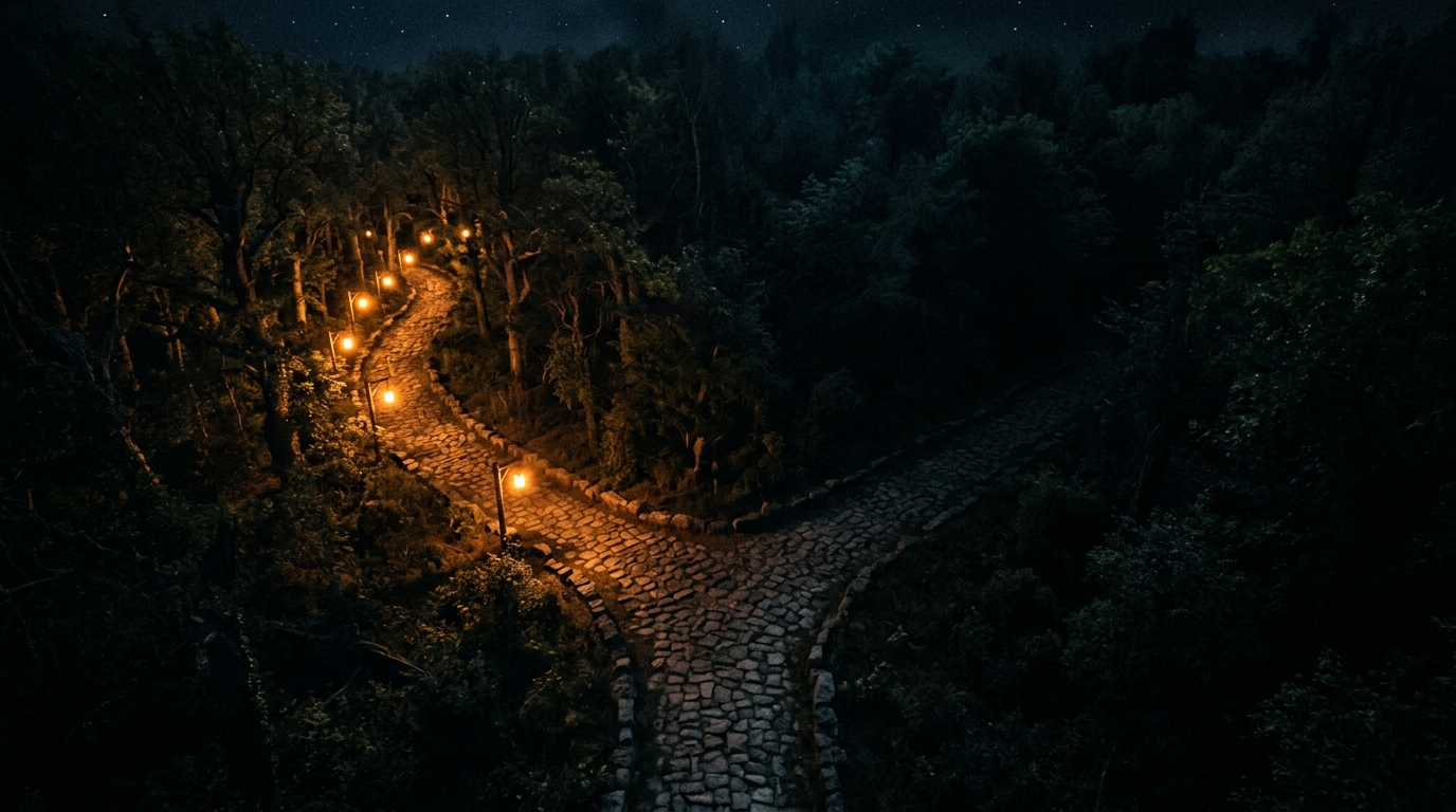 Two diverging stone paths at night, one lit by amber lantern light, one in shadow