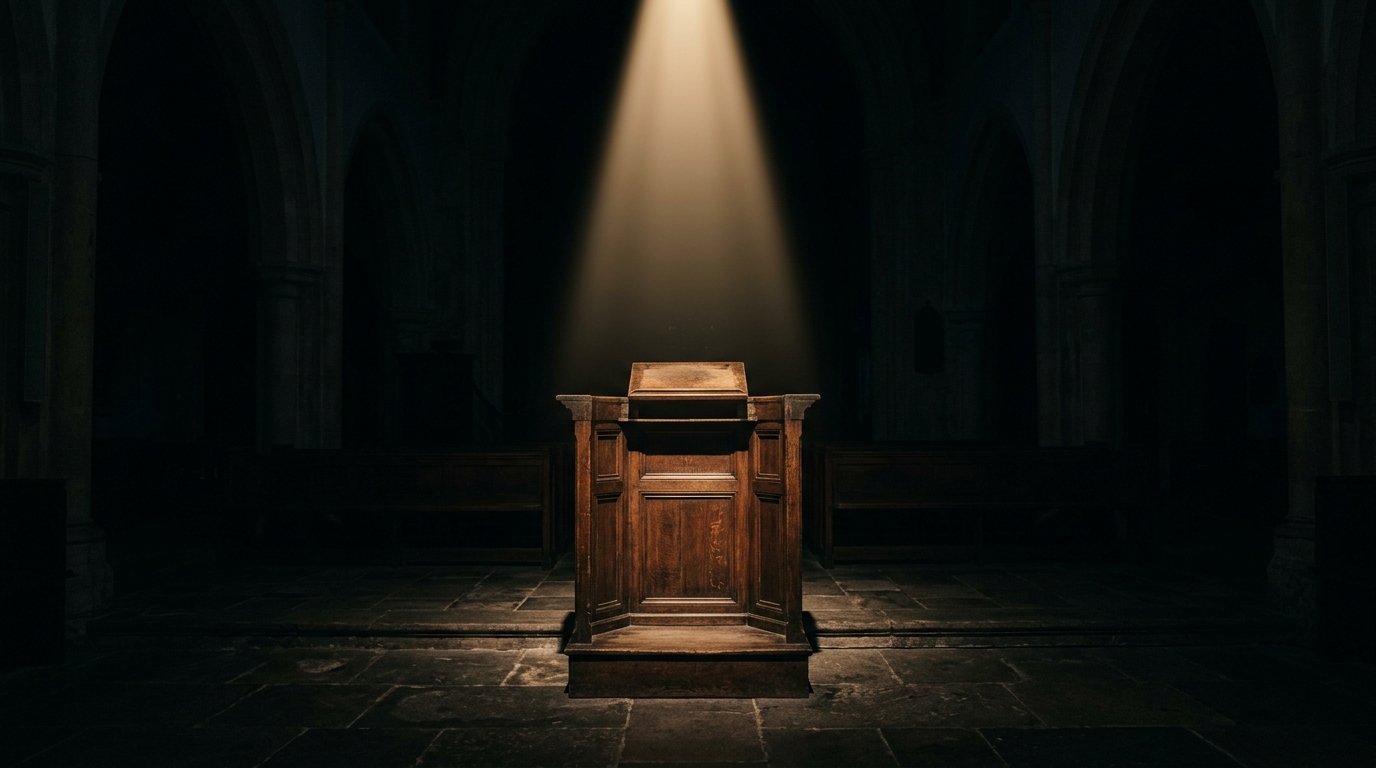 Empty wooden pulpit under a single spotlight in a dark sanctuary